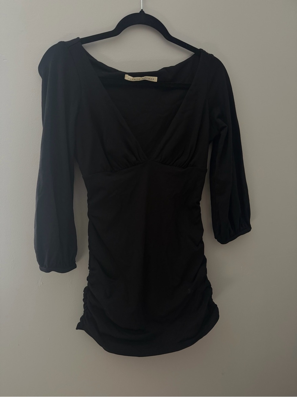Susana Monaco Black V-Neck Long Sleeve Ruched Women’s Mini Dress